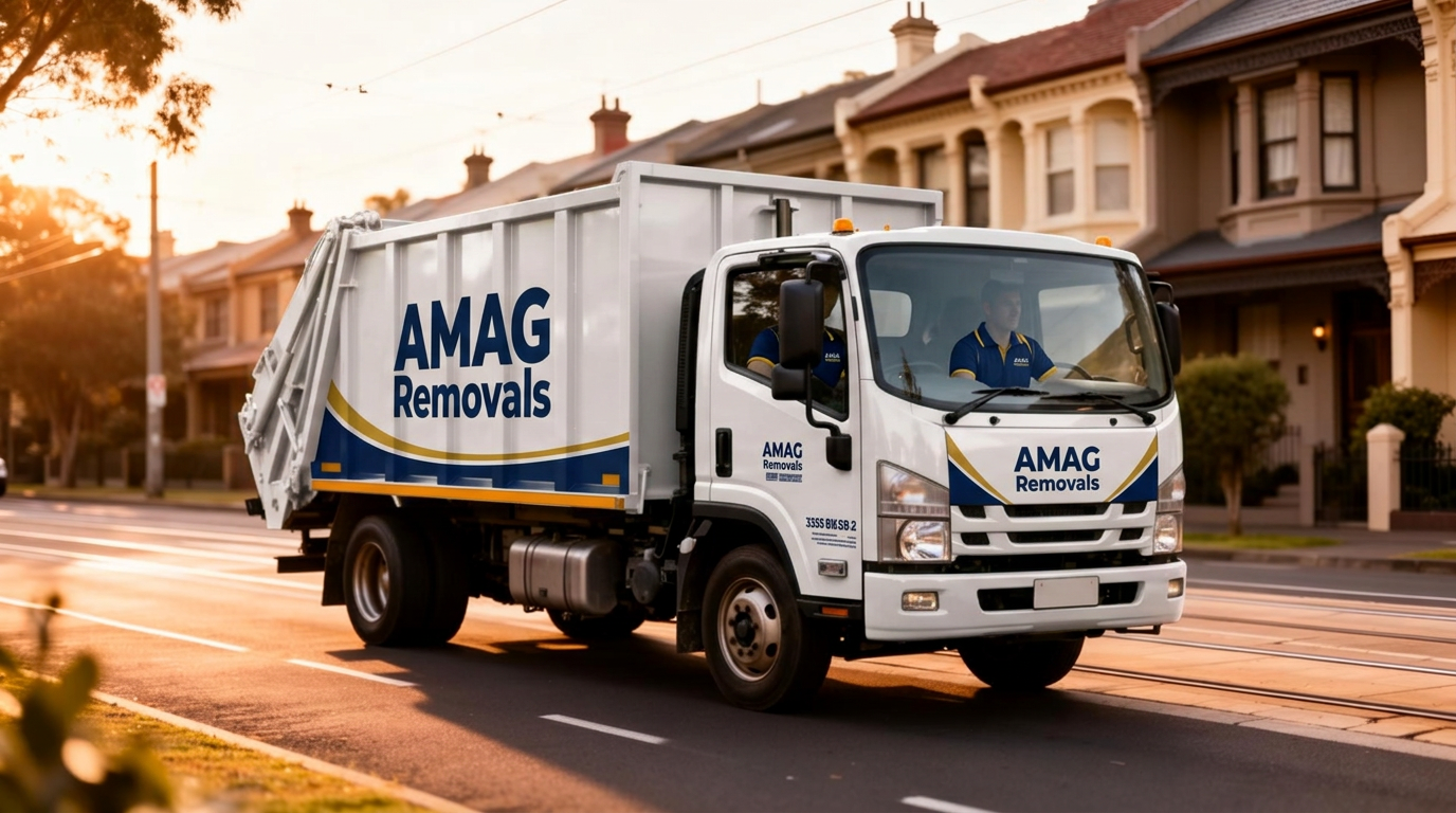 AMAG Removals white truck with blue and gold branding on a Melbourne street at golden hour
