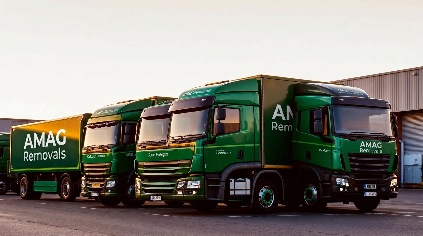 AMAG white truck with blue and gold branding at a Melbourne logistics depot